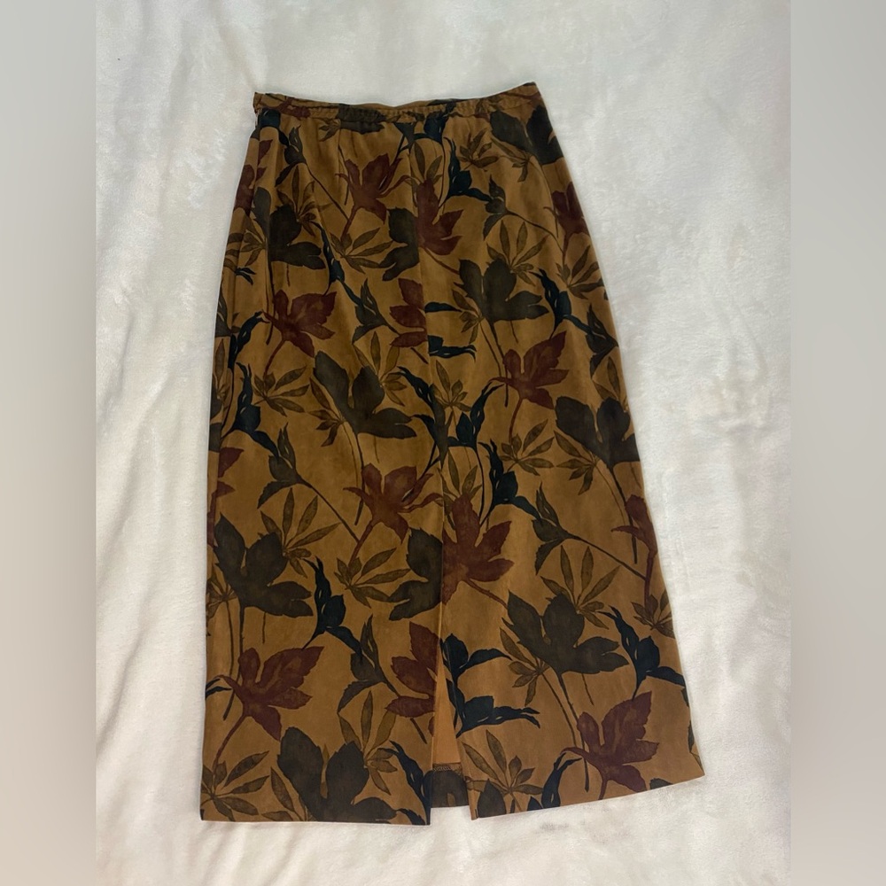 VTG Stonebridge Boho Maxi Skirt Leaf Brown Navy Gold Earthy Aesthetic Slit 8P - Picture 8 of 13